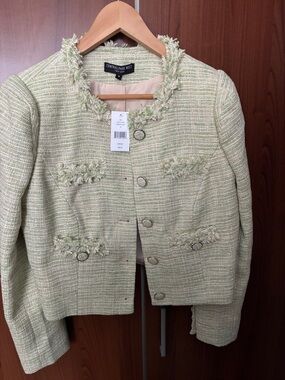 Central Park West Pastel Green Tweed Fringe-Trim Blazer